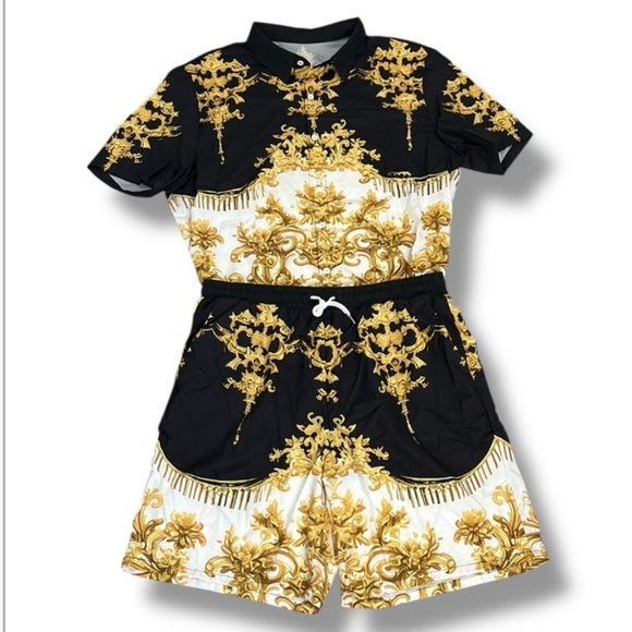 Manfinity Other - Shein Manfinity Baroque Gold Print Men’s XXL Shirt & Short Set Luxury Statement